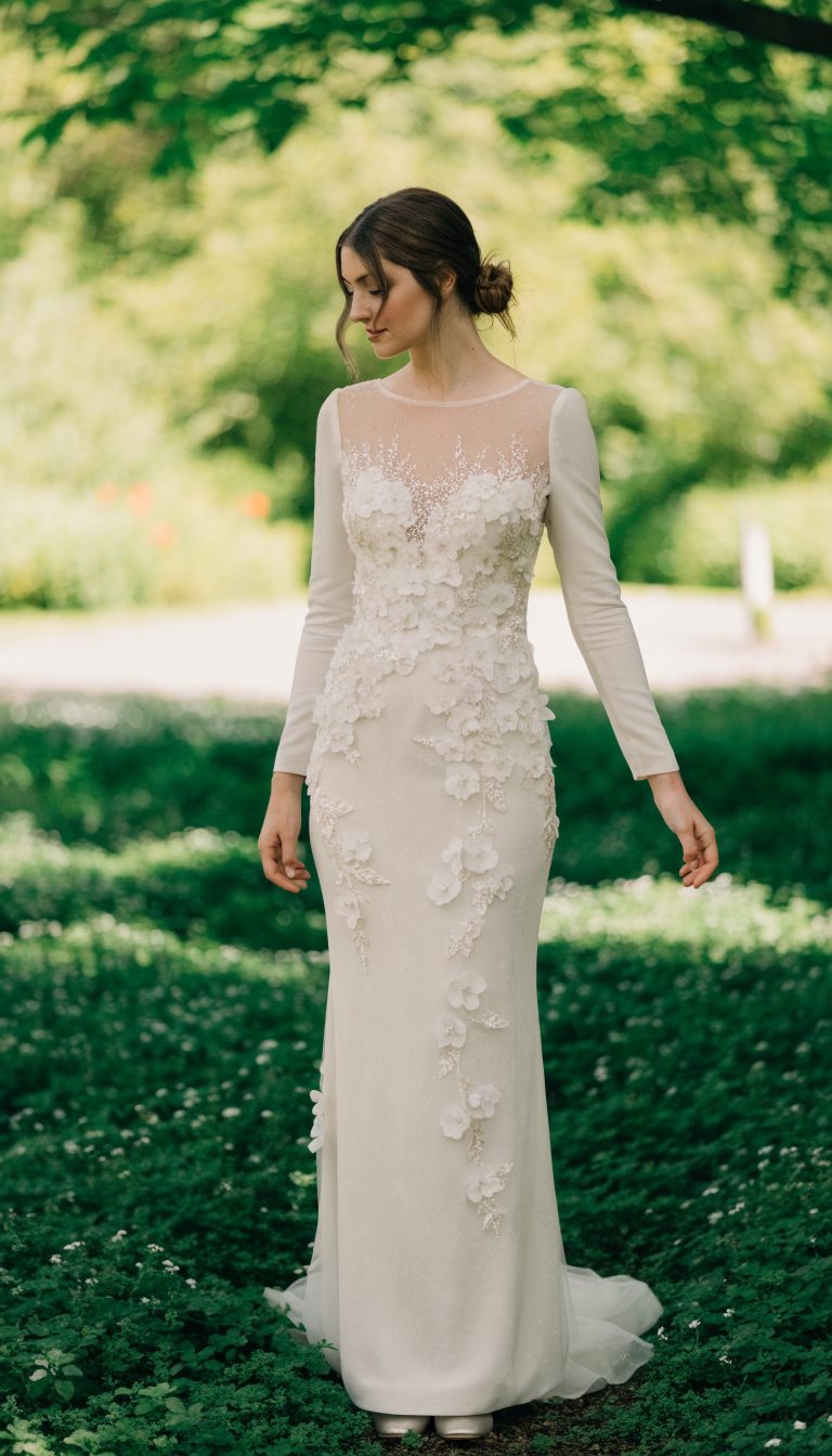 Bride in sheath gown with illusion neckline and 3D floral appliques in garden