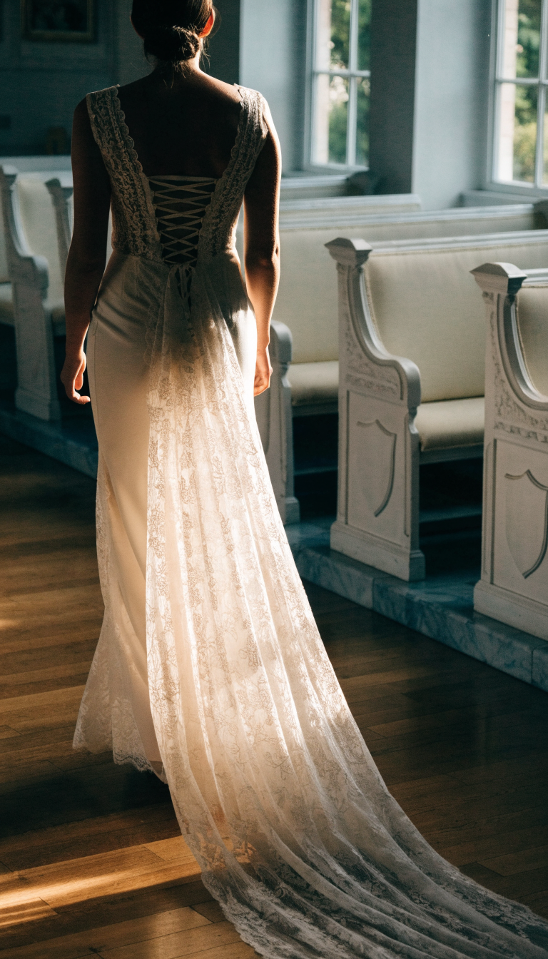 Back view of bride in open-back corset gown with cascading lace train in chapel