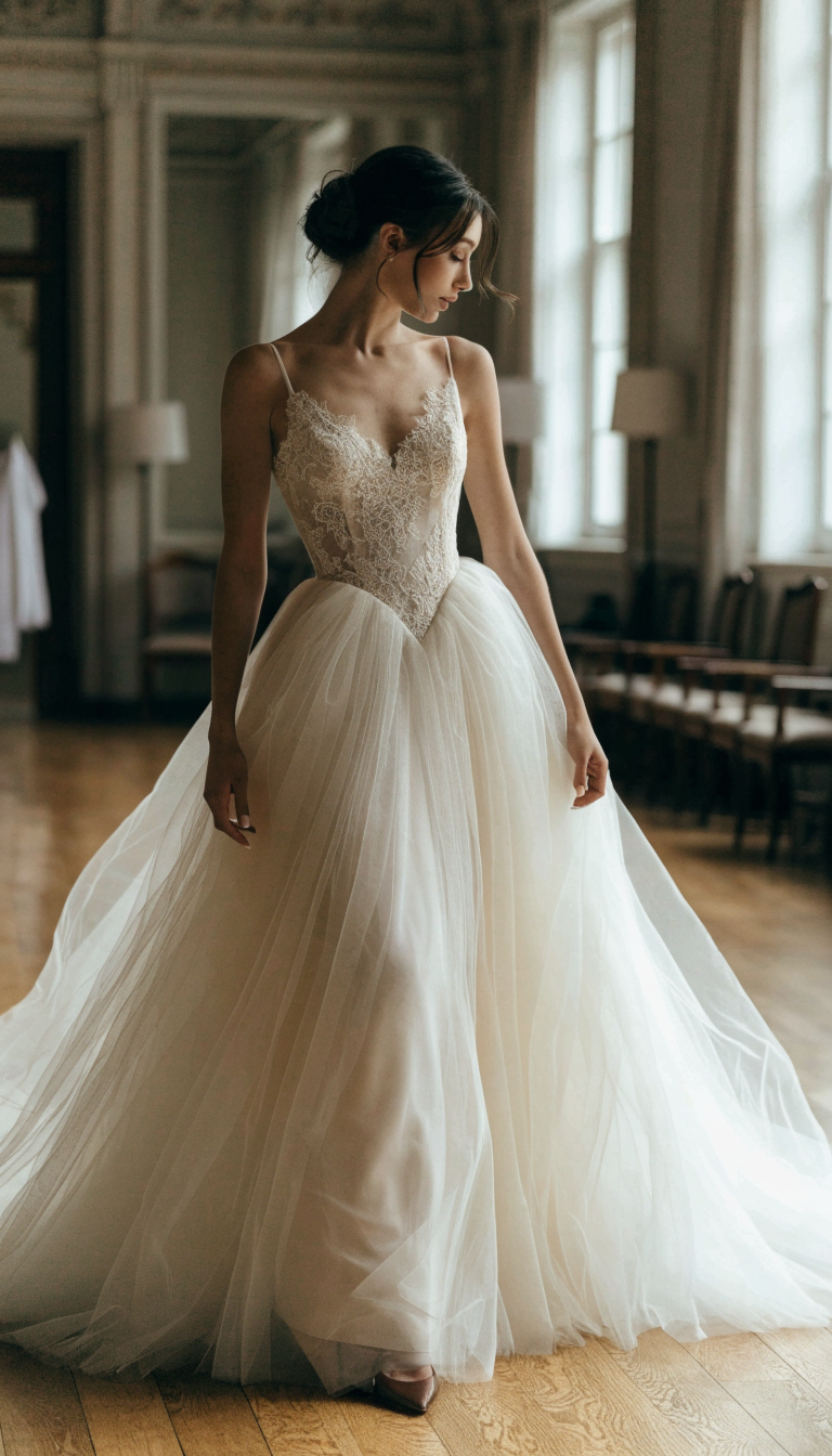 Bride in basque-waist ball gown with soft ivory tulle skirt in ballroom