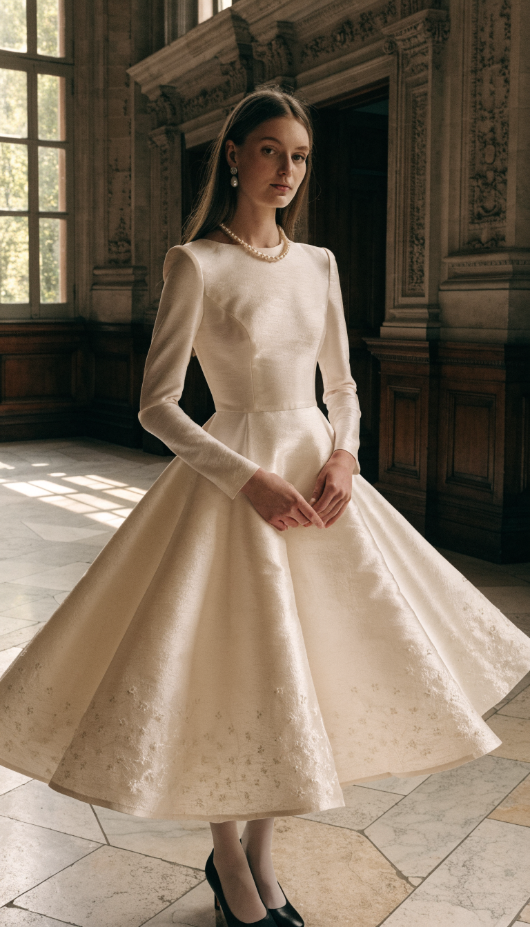 Bride in structured mikado trumpet gown with sheer embroidered overlay indoors