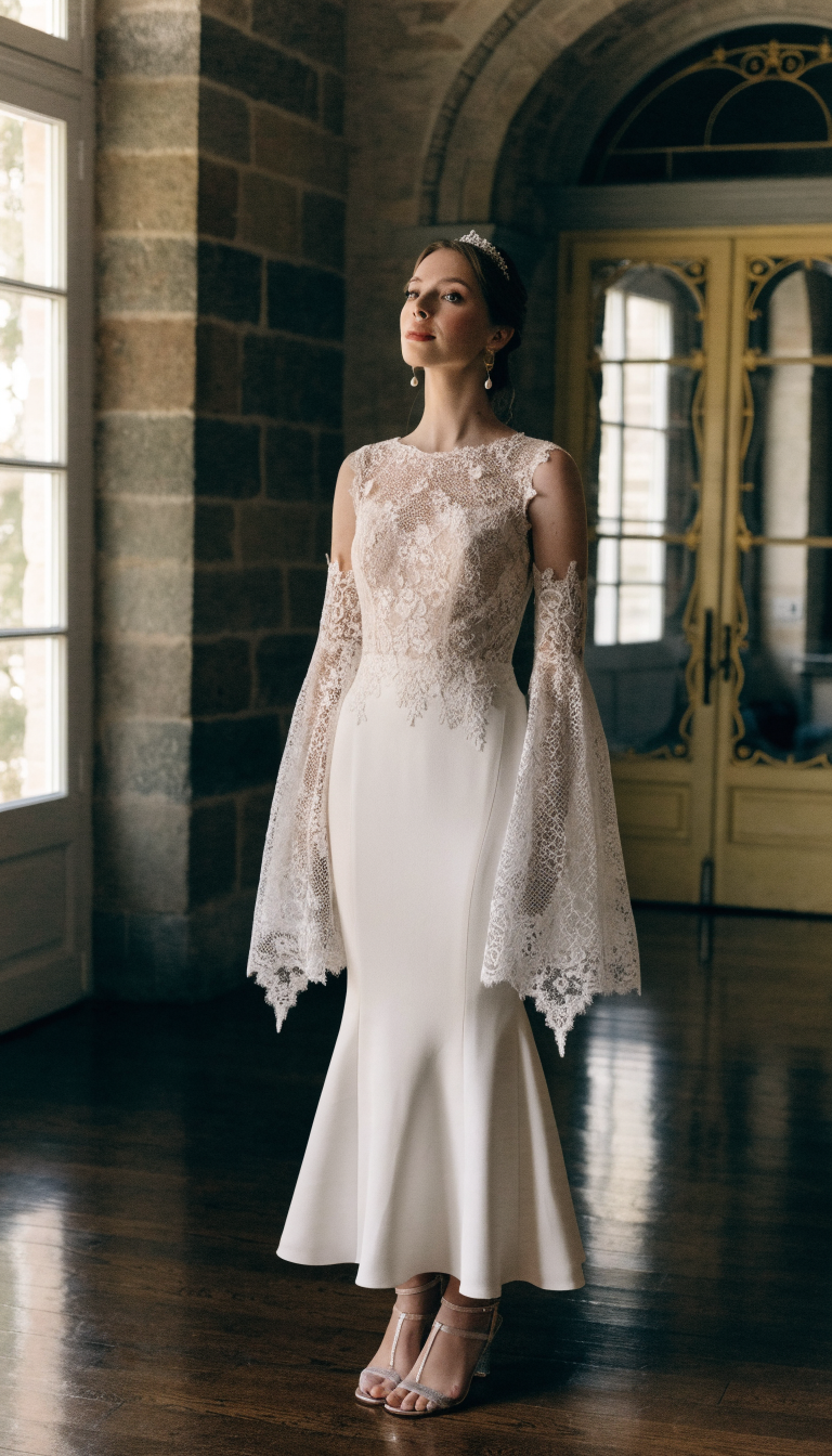 Bride in lace mermaid gown with bell sleeves and pointed cuffs indoors