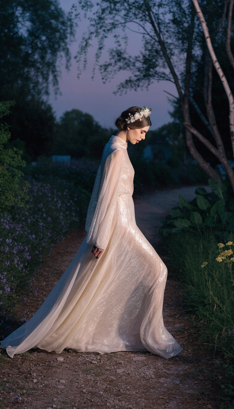 Bride in shimmering silver-thread chiffon column dress at dusk outdoors