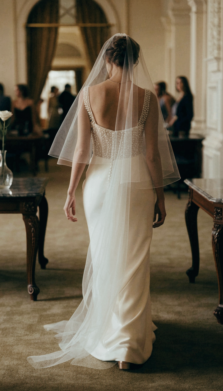 Bride in pearl-beaded sweetheart gown with sheer detachable cape in ballroom