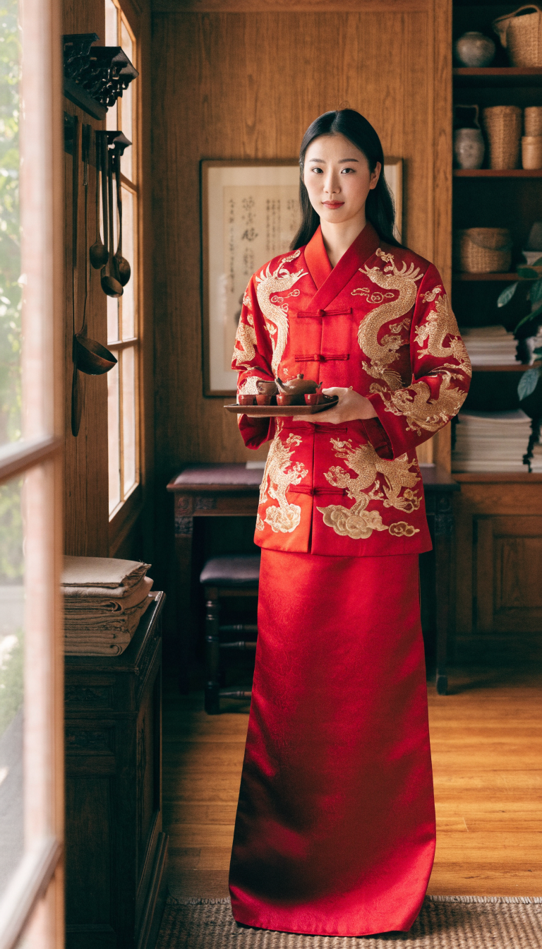 Bride in classic red qun kwa with gold dragon phoenix embroidery