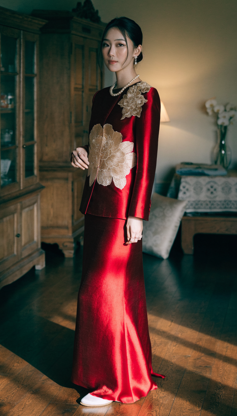 Red wedding dress with large gold peony embroidery