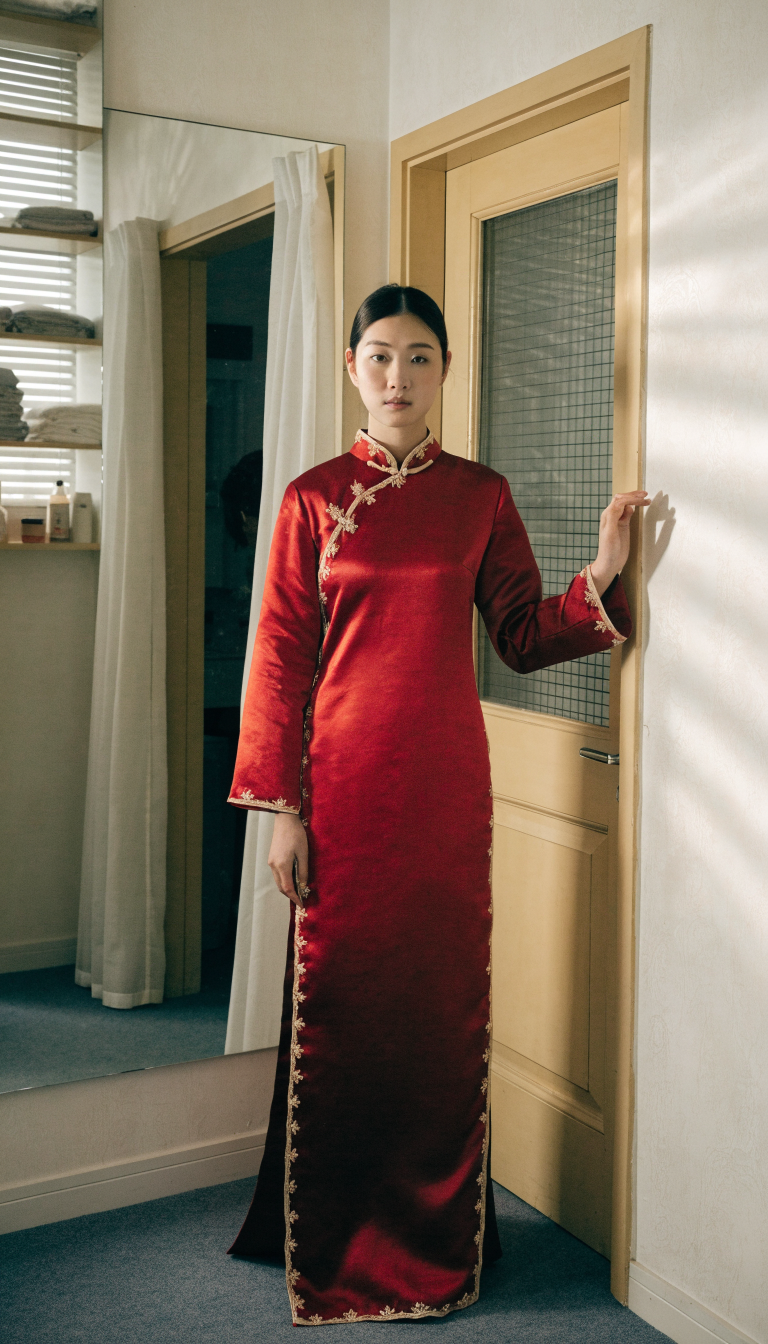 Simple red qun kwa with minimal gold embroidery