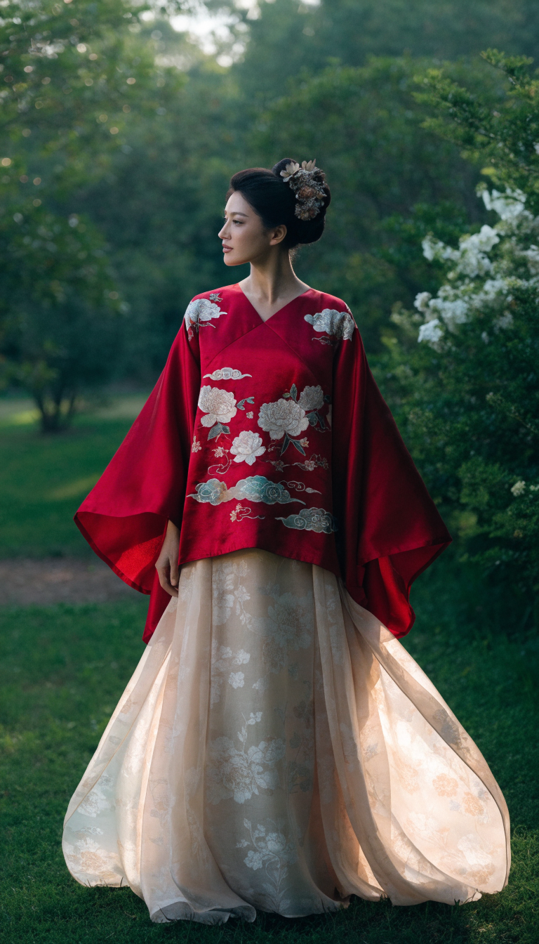 Bride in hanfu-inspired red ensemble with wide sleeves
