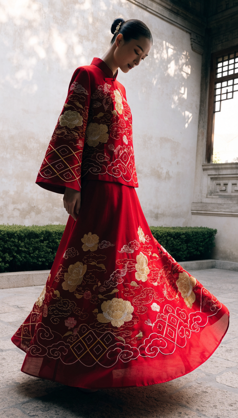 Bride in red xiu he fu with flared skirt and peony embroidery