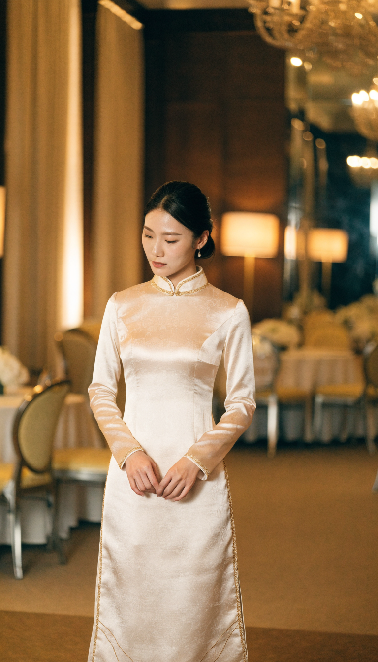 Bride in ivory champagne qipao with gold accents