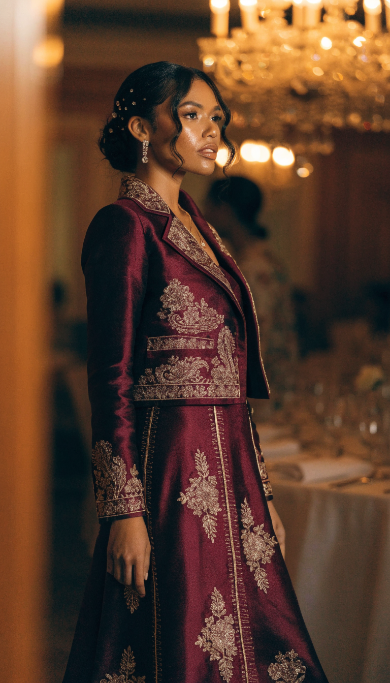 Bride in wine burgundy qun kwa with gold embroidery
