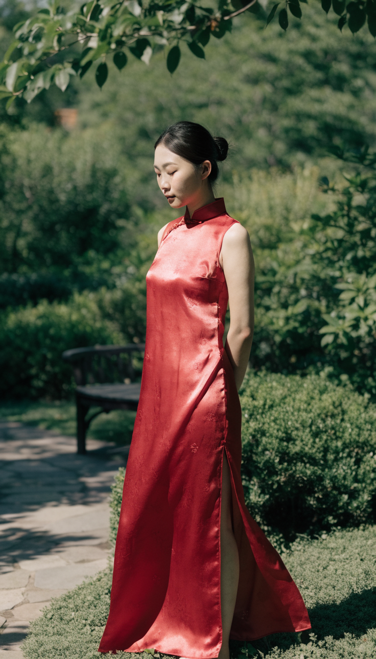 Bride in lightweight sleeveless silk qipao in garden