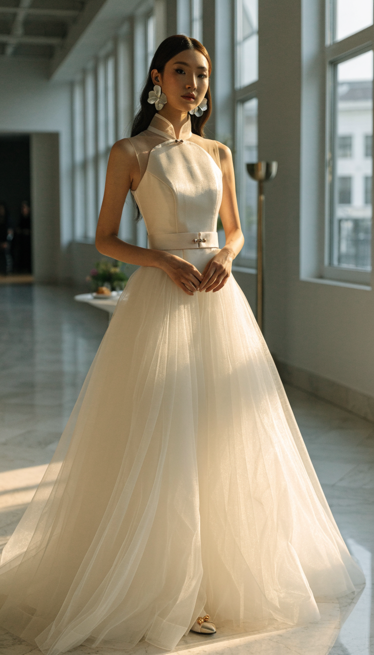 Bride in fusion gown with mandarin collar and tulle skirt