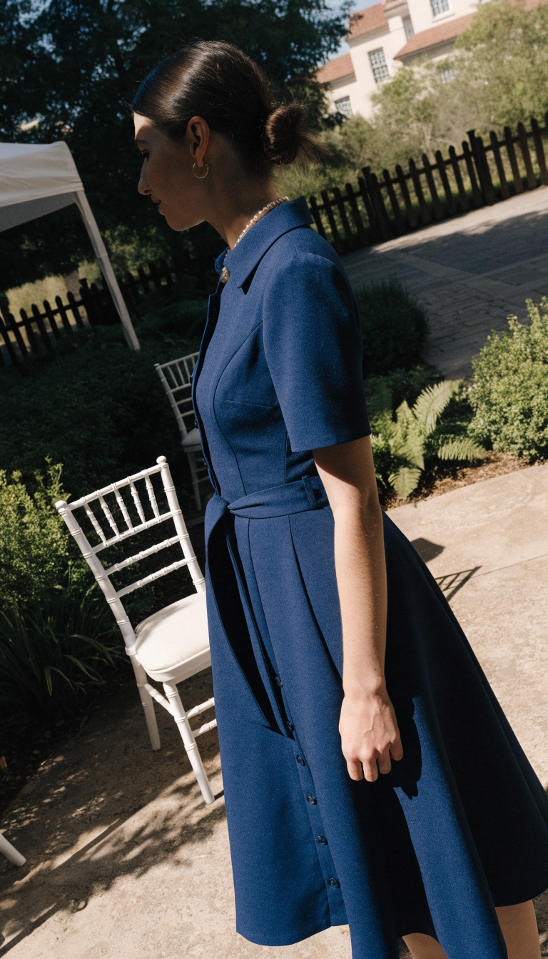 Guest in navy tea-length crepe dress at morning garden wedding