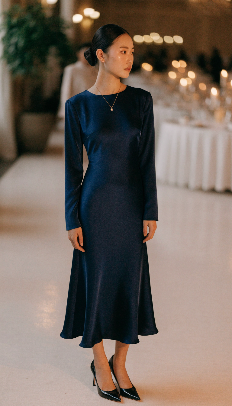 Guest in navy matte crepe midi gown in candlelit elegant ballroom