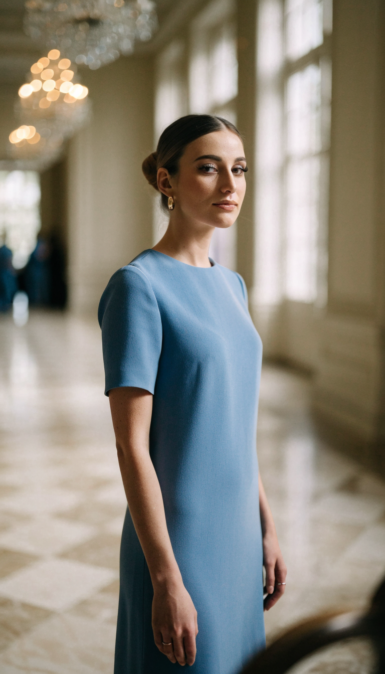 Woman in blue structured midi dress inside elegant hotel venue