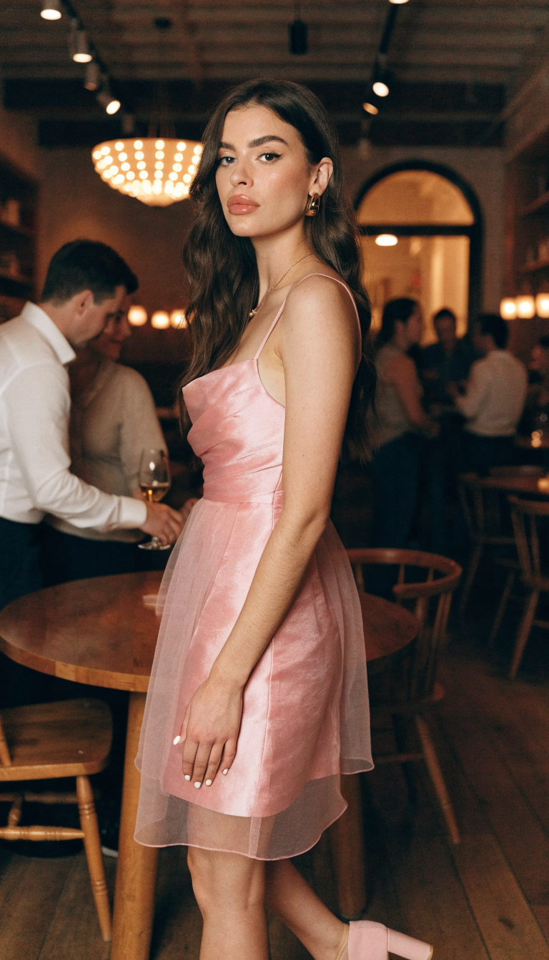 Woman in pink taffeta cocktail dress at loft reception