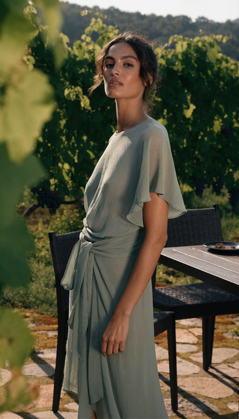 Woman in green wrap midi dress on vineyard terrace