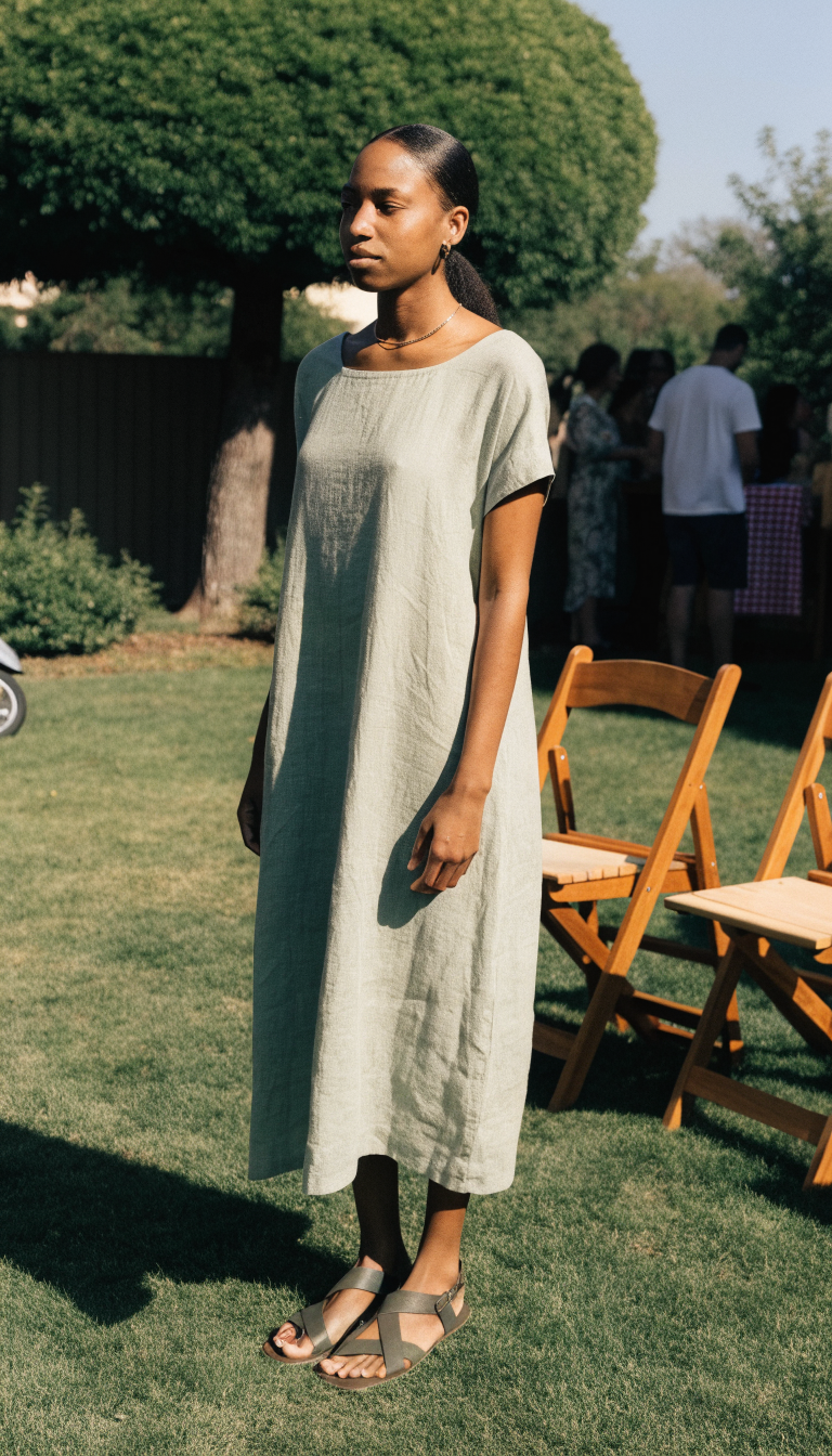 Guest in sage linen sundress and flats on sunny backyard wedding lawn