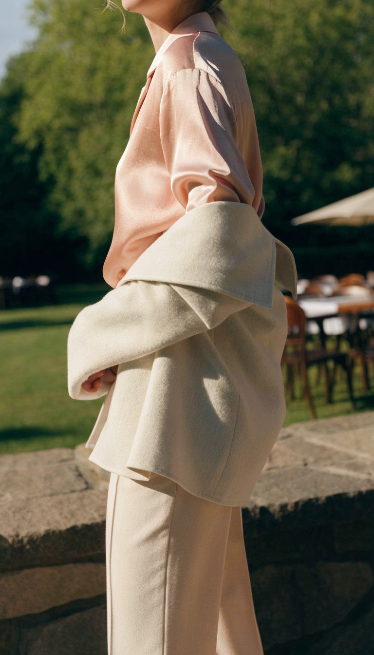Guest in cream trousers and blush silk blouse at park restaurant wedding