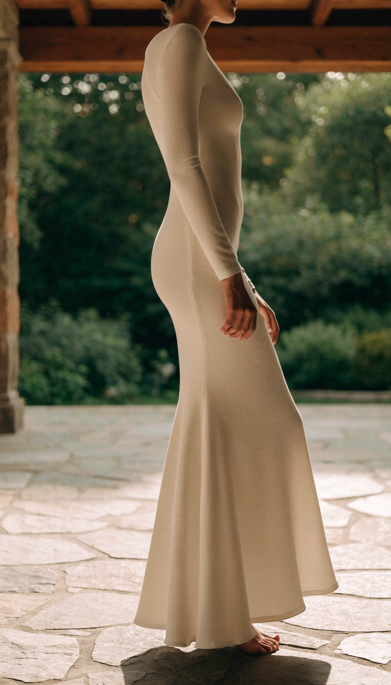Bride in white trumpet gown standing on covered stone patio