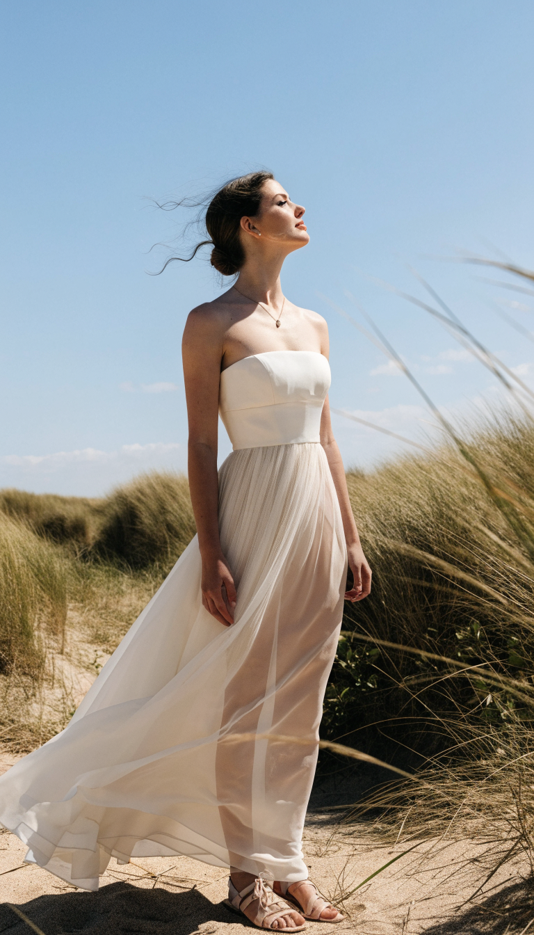 Bride in flowing white empire-waist gown at breezy outdoor venue