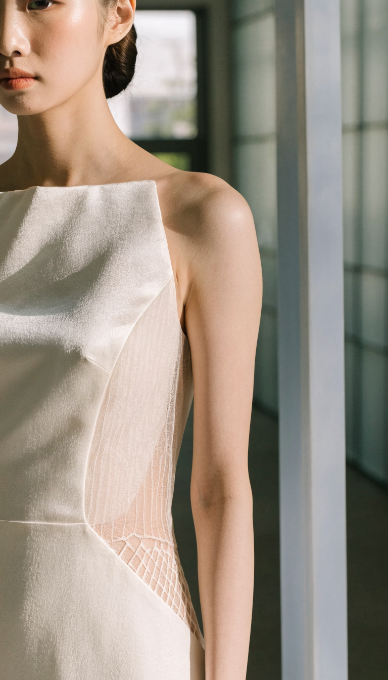 Bride in square-neckline gown with sheer side panels