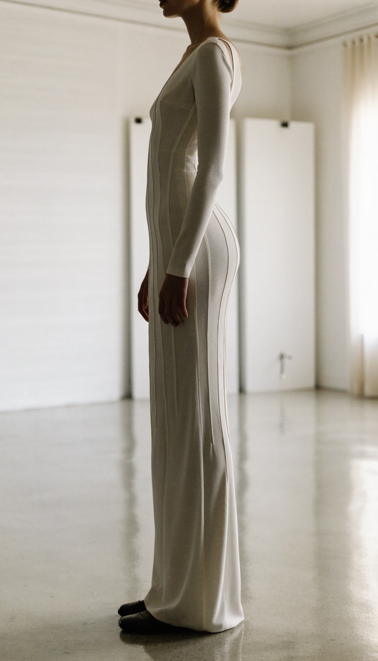 Bride in matte crepe gown with clean architectural seams