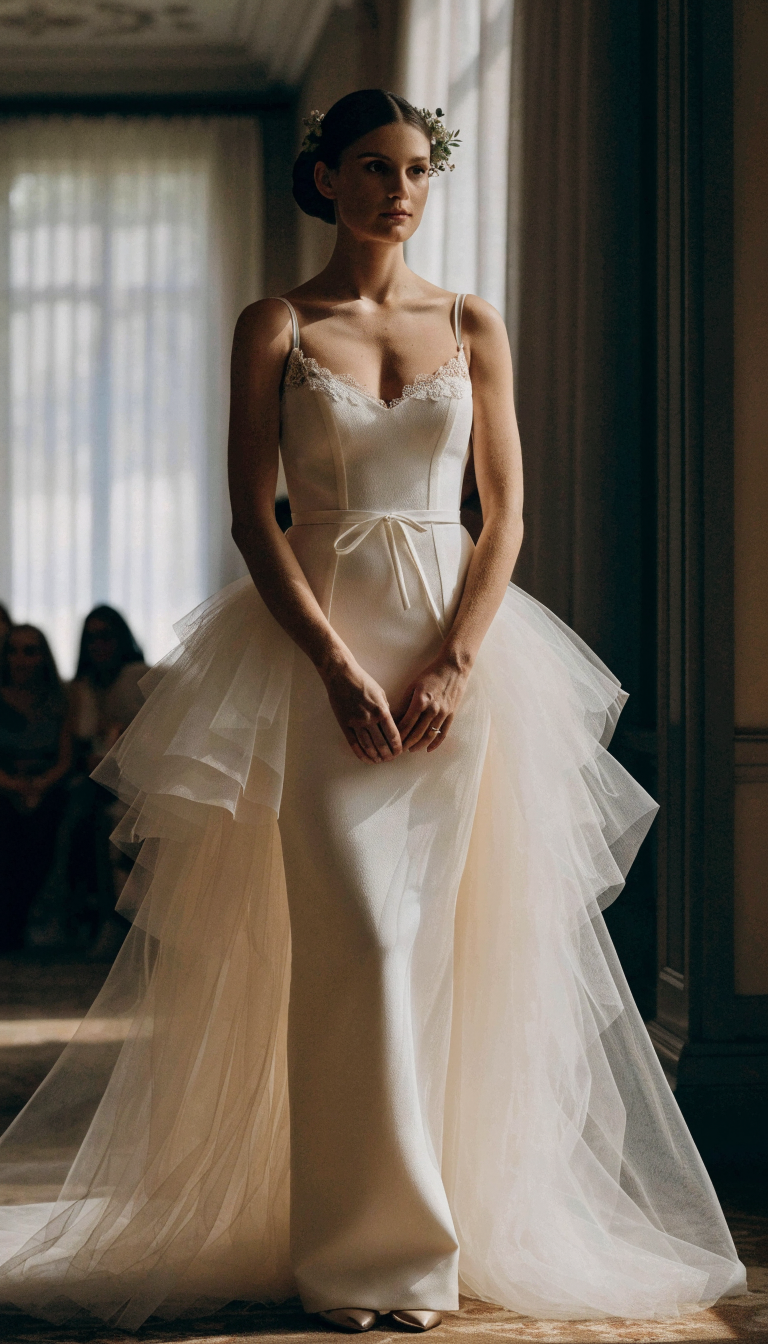 Bride in fitted gown with voluminous detachable tulle overskirt