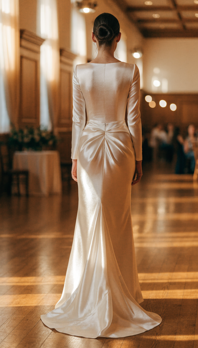 Back view of fitted gown with bustled modest train
