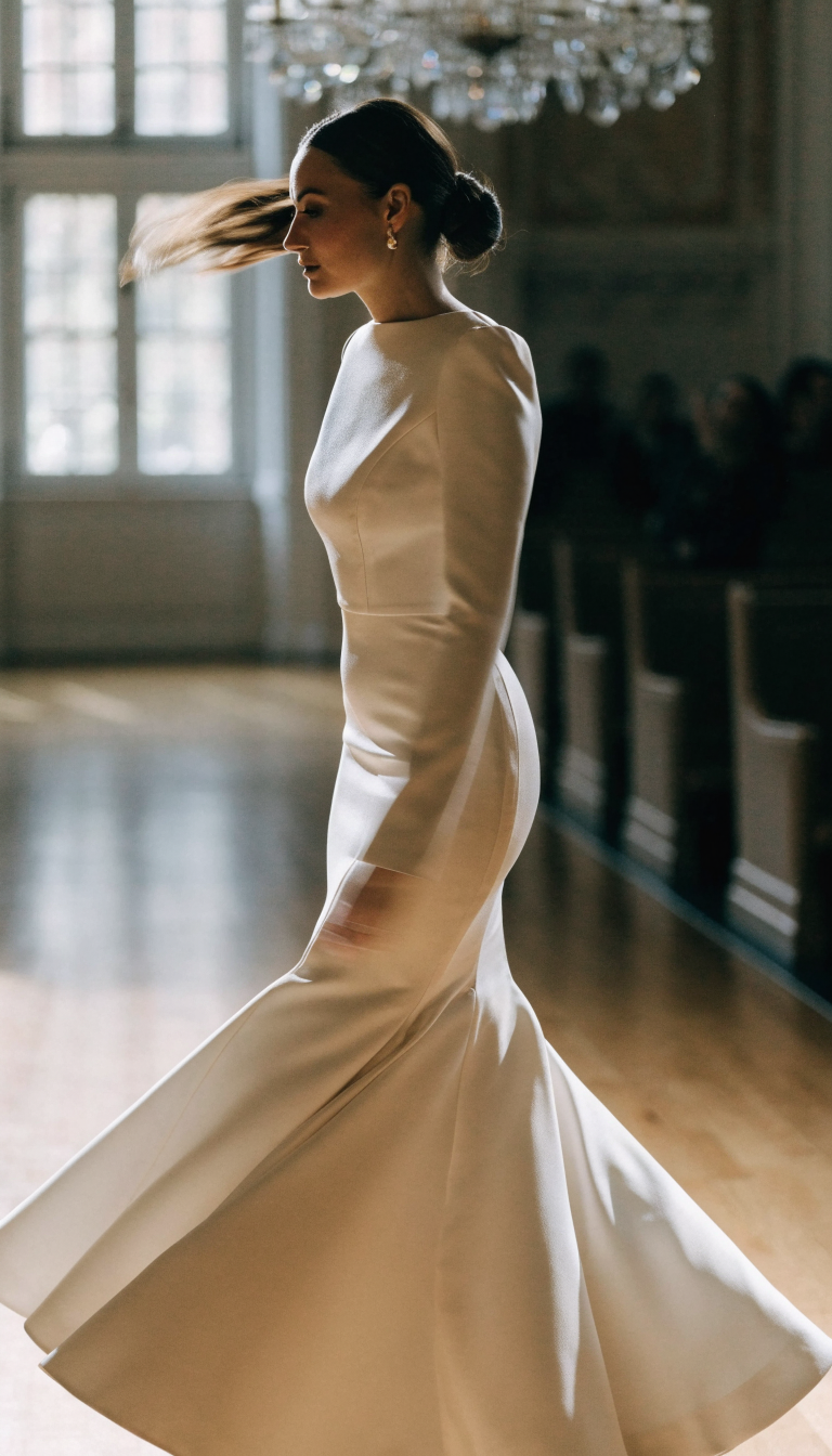 Bride in structured ivory trumpet gown flaring at mid-thigh