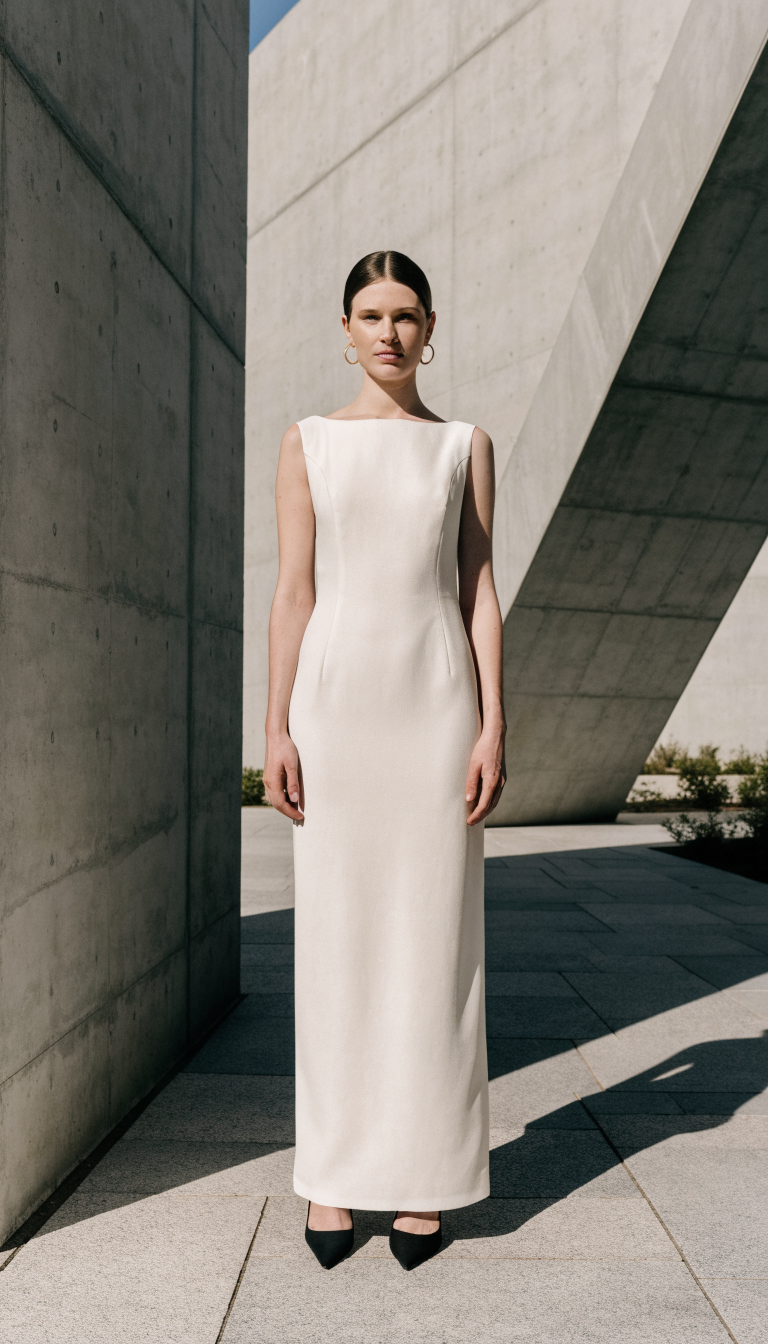 Bride in matte crepe column sheath gown by modern wall