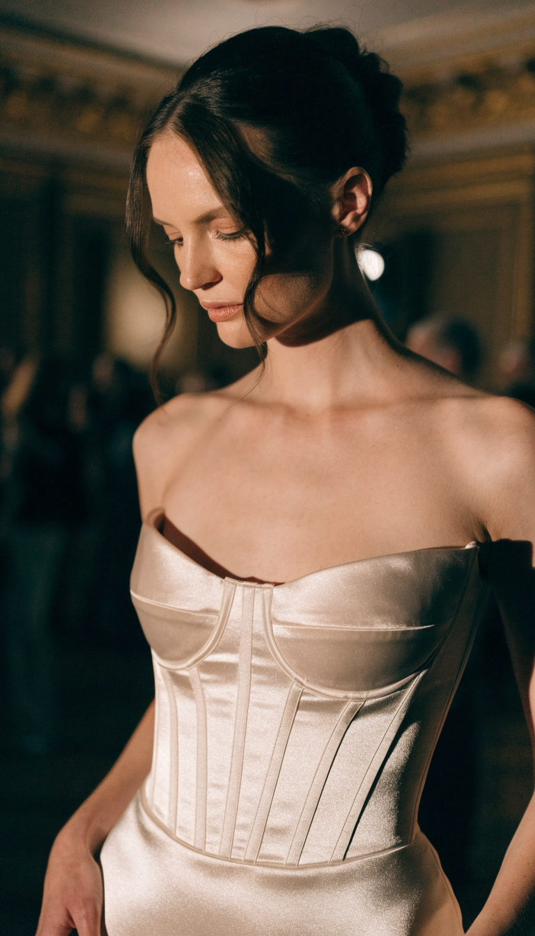 Bride in satin gown with exposed corset bodice and boning