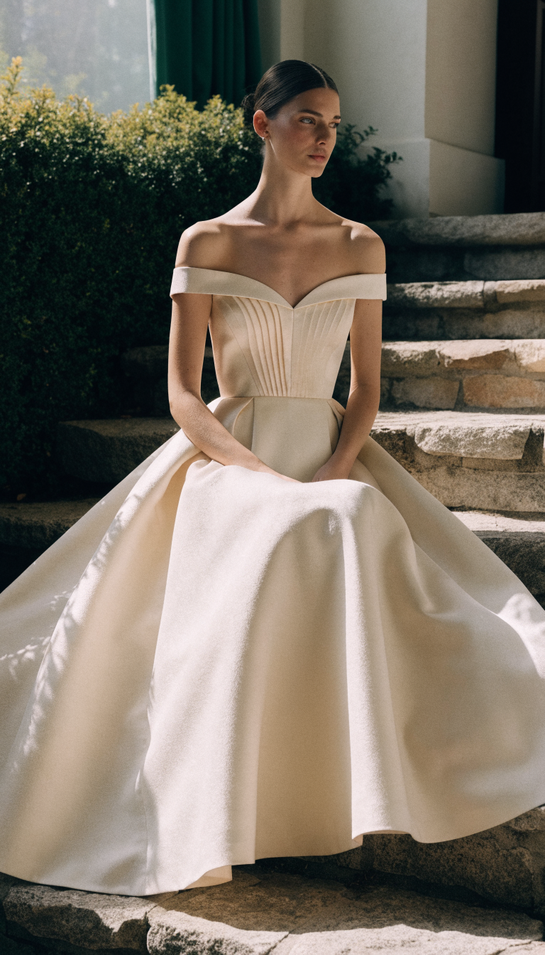 old money basque waist A-line wedding dress in structured mikado