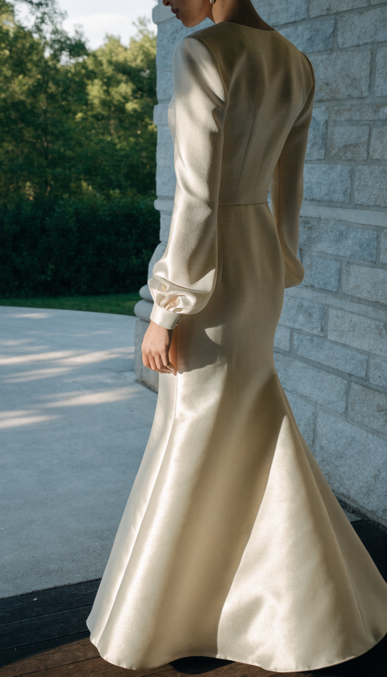 old money classic trumpet wedding dress in structured satin with minimal train