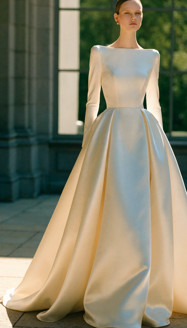 old money bateau neckline A-line wedding dress in duchess satin