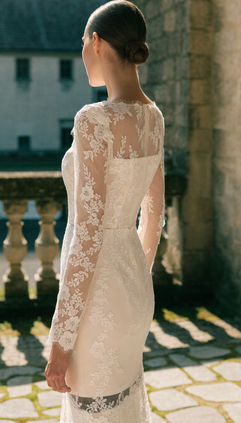 old money long sleeve lace sheath wedding dress with clean back