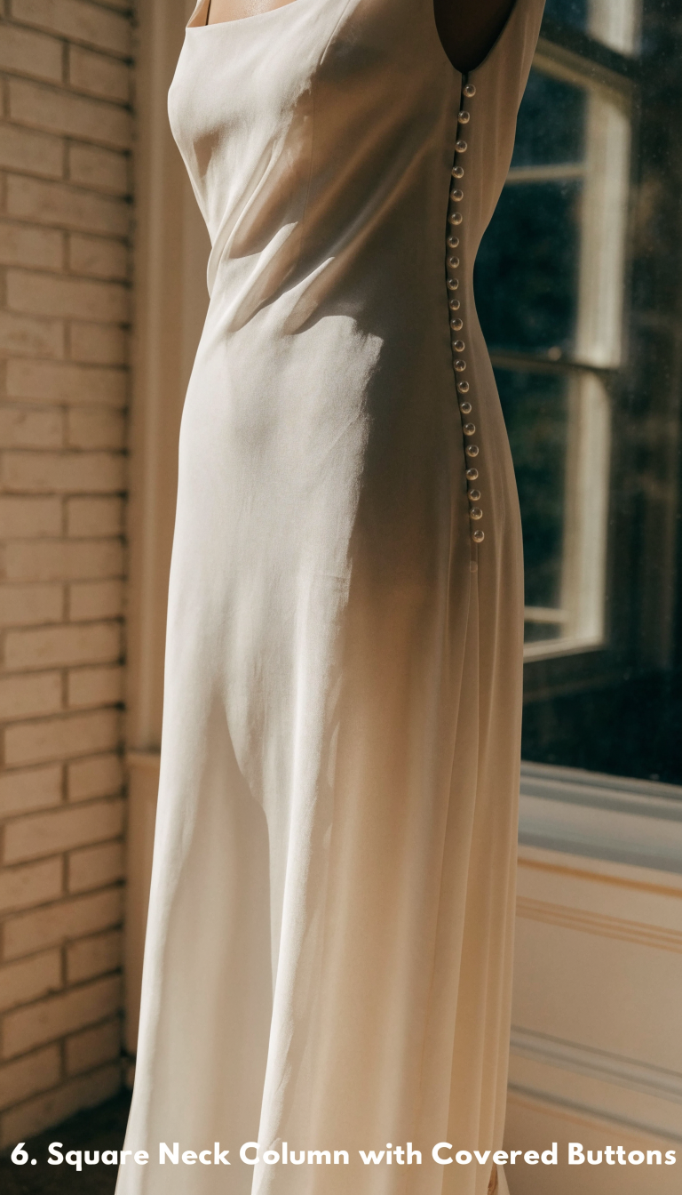 old money square neck column wedding dress with covered buttons back