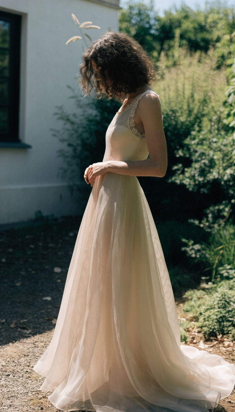 old money tea length silk organza wedding dress for intimate garden gathering
