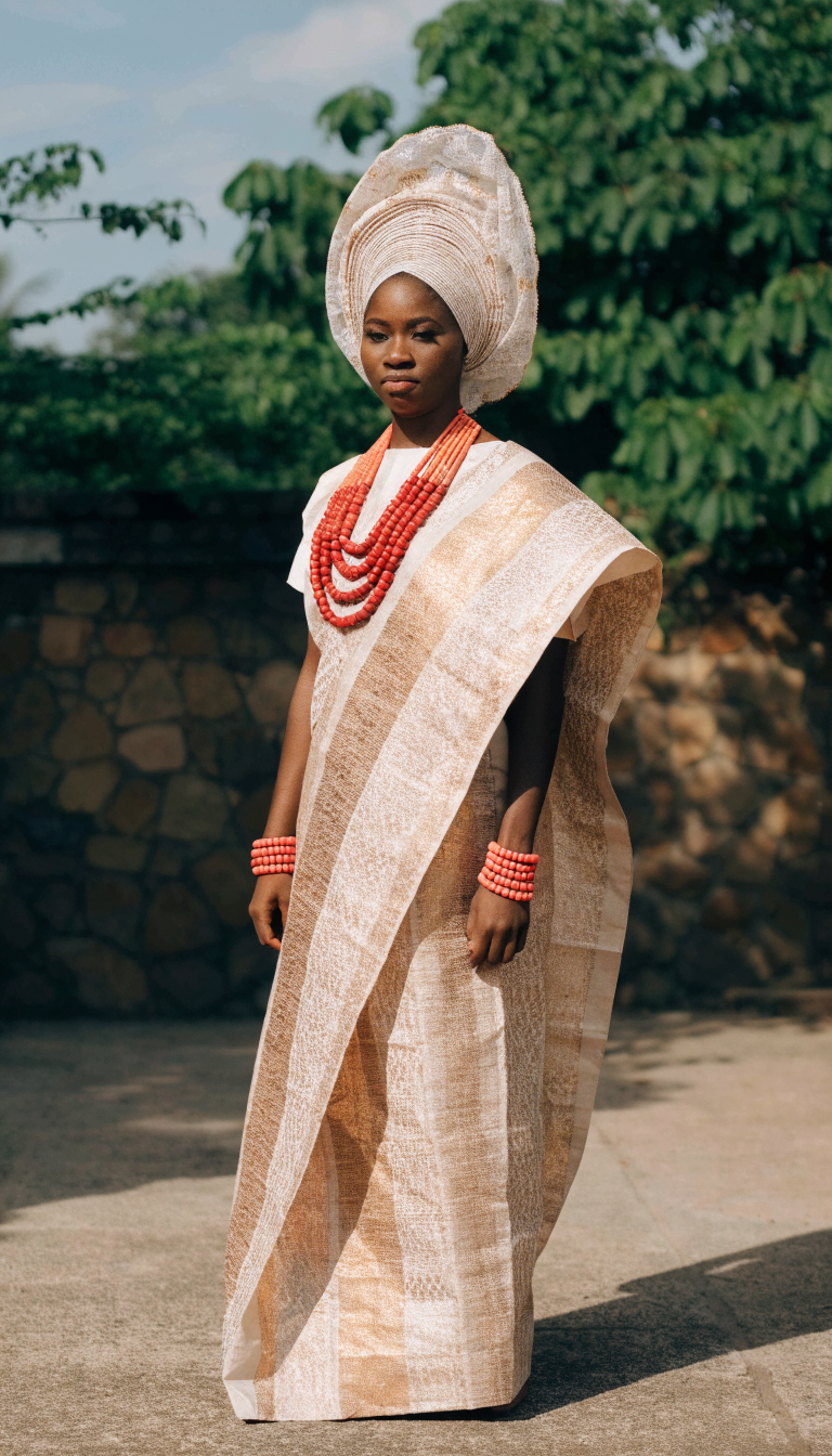 Bride in ivory and gold aso-oke wrapper, blouse and gele with coral beads
