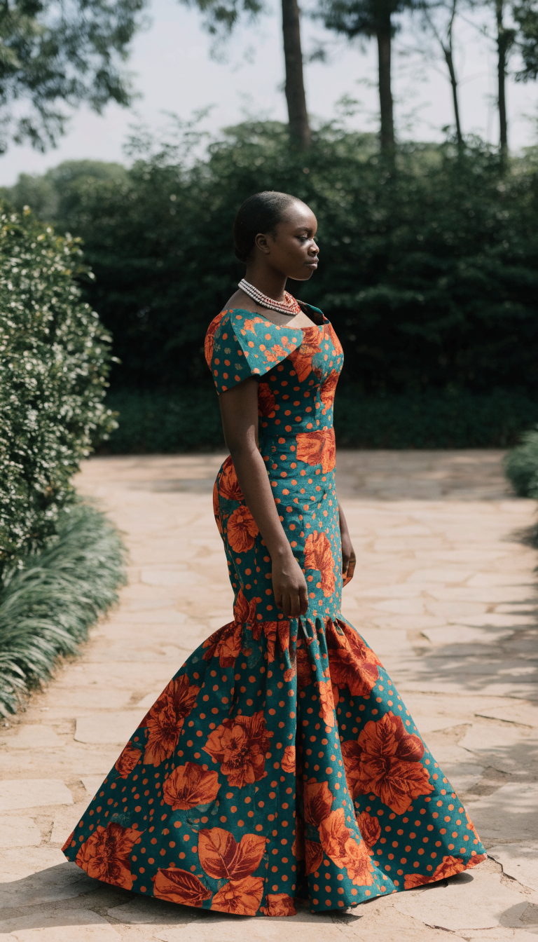 Bride in vibrant teal and orange kitenge print A-line dress in garden
