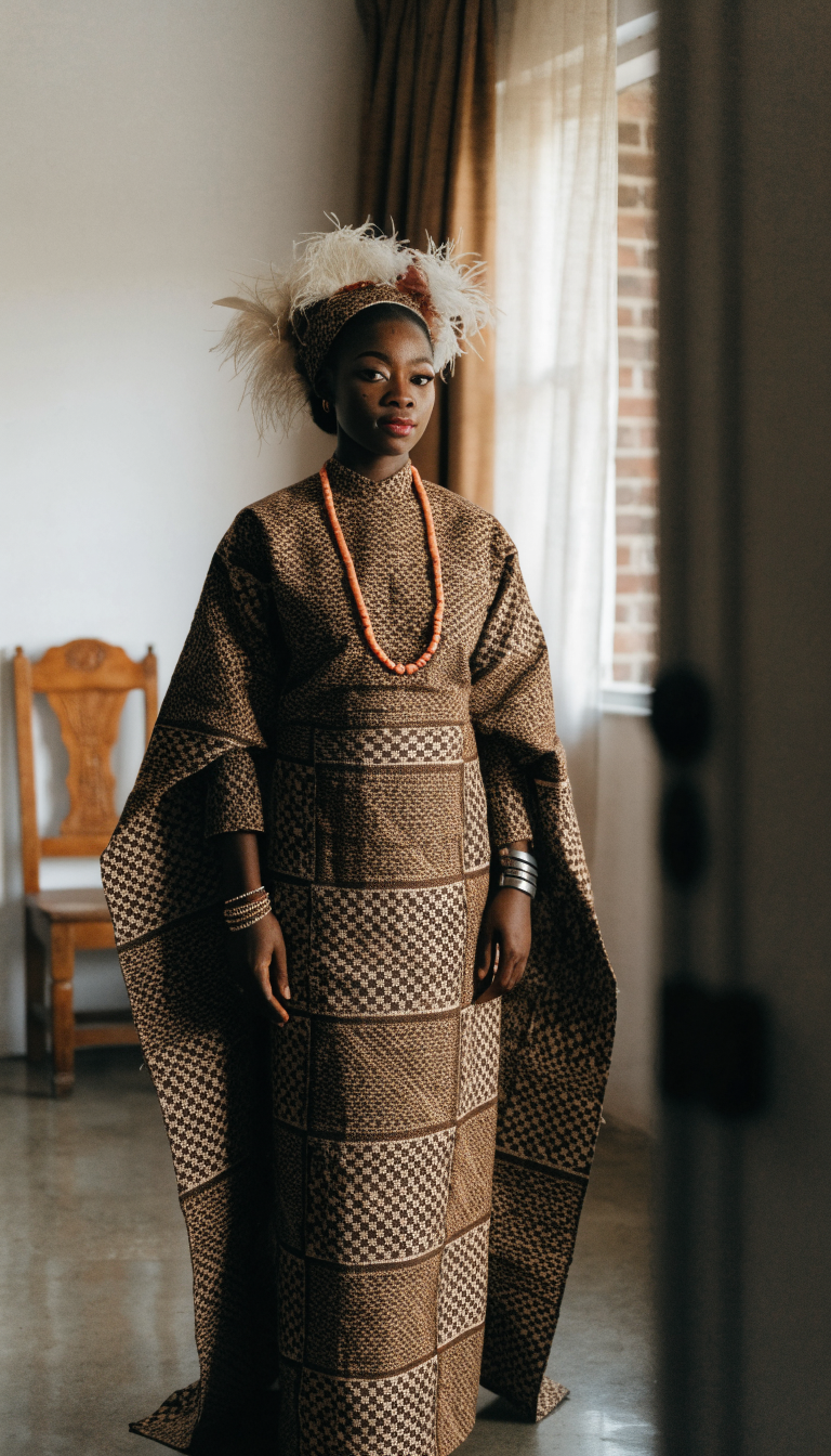 Bride in brown and cream Akwete woven wrapper and blouse with beads