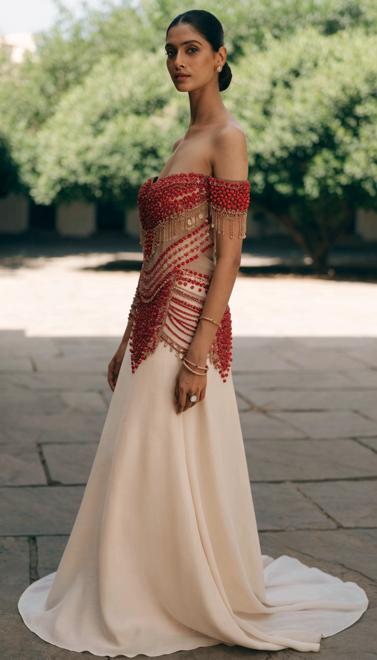 Bride in coral beaded bodice with plain ivory skirt outdoors