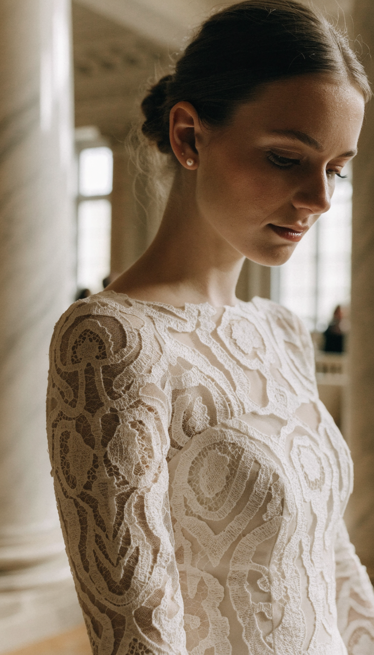 Bride wearing structured guipure lace long sleeves in elegant indoor venue