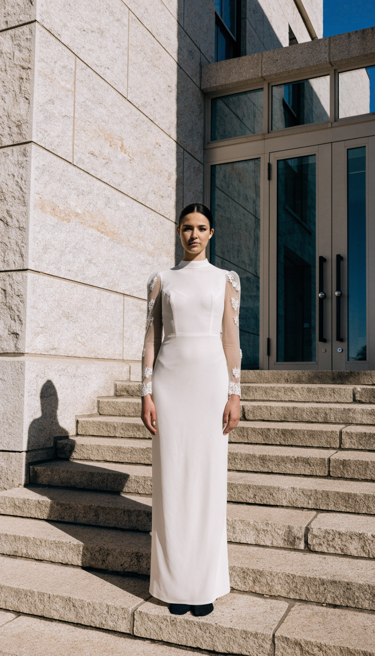 Bride in minimalist column gown with subtle lace applique sleeves outdoors