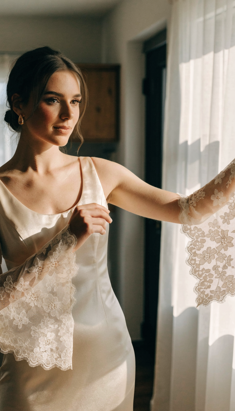 Bride holding detachable lace sleeve to show convertible ceremony look