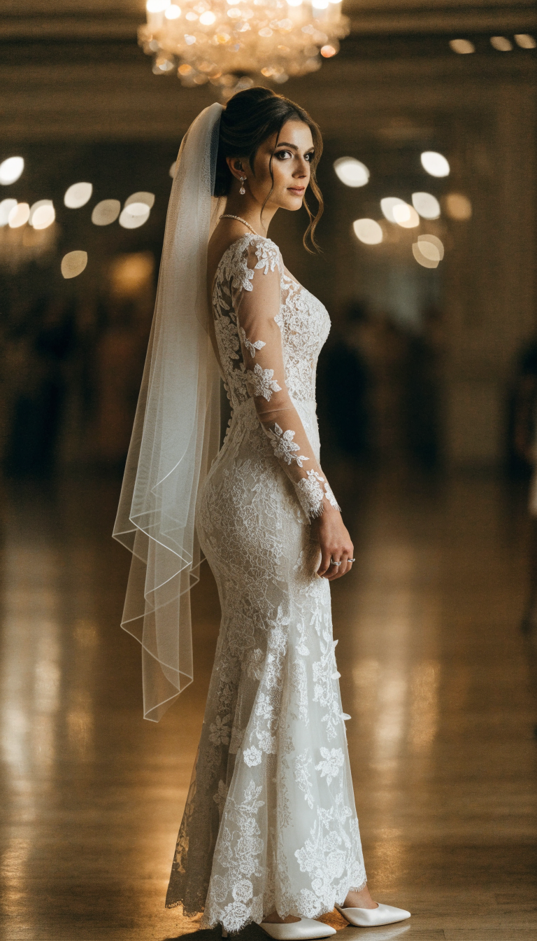 Bride in white mermaid lace gown with floral sheer sleeves in evening ballroom