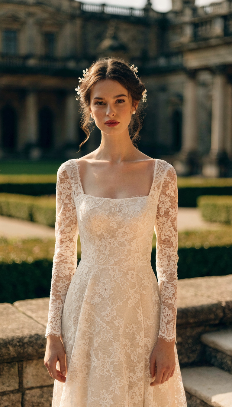 Bride in square-neckline lace dress with long sleeves at estate