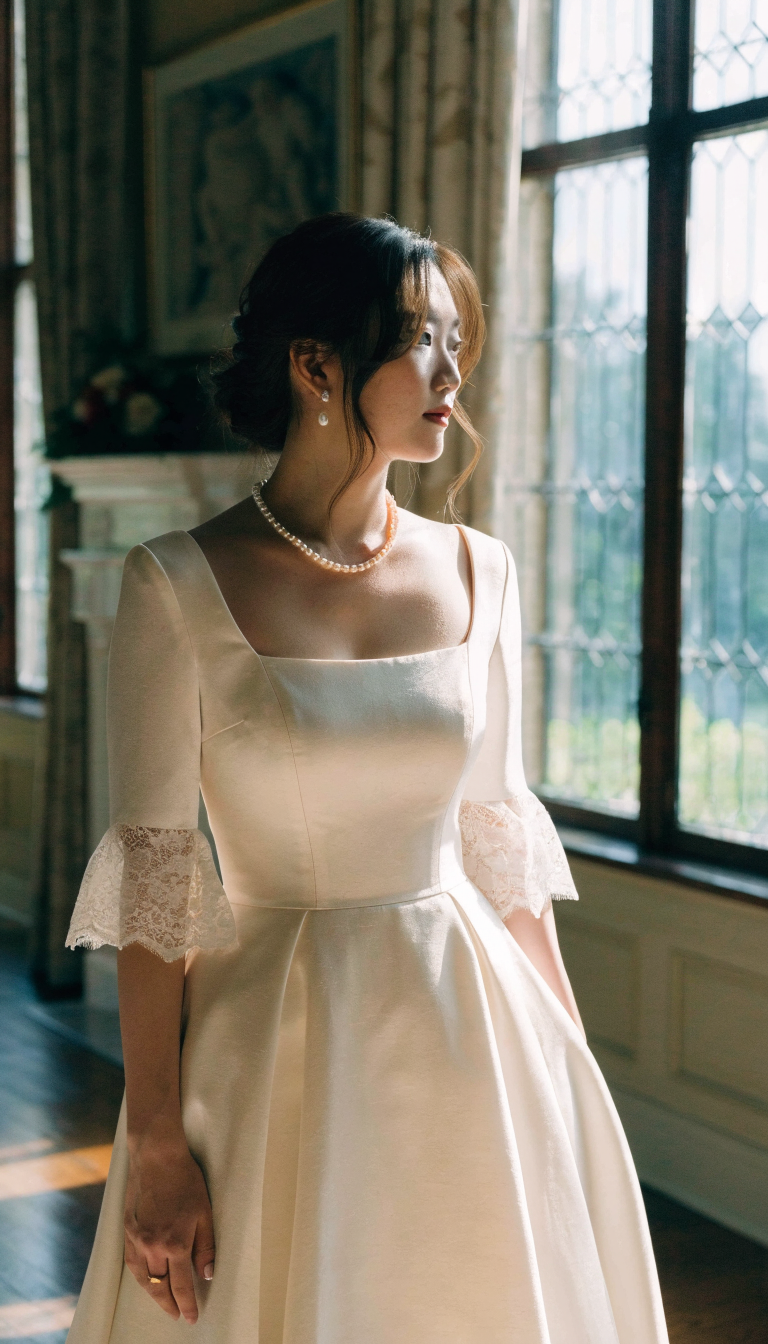 Bride in wedding dress with elbow-length sleeves and lace flounce