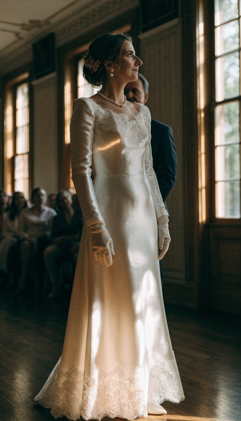 Ivory silk satin wedding dress with deep lace flounce detailing