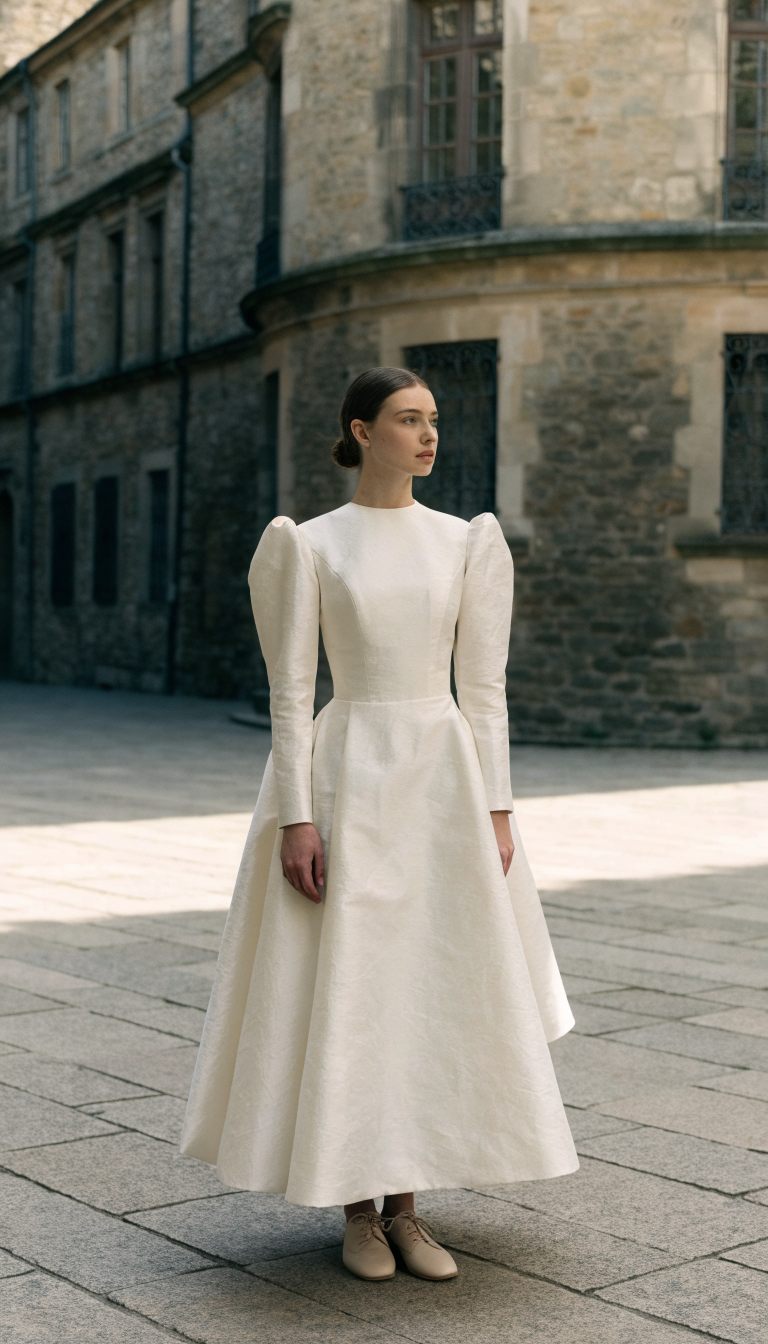 Ivory structured taffeta Victorian-inspired wedding dress with full skirt